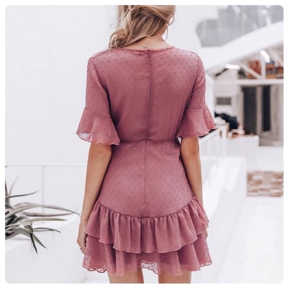 *CLEARANCE* Dusty Rose Boho Swiss Dot Mini Dress - Picture 2 of 7